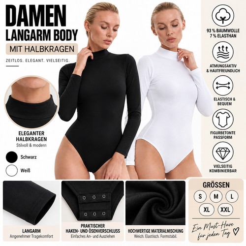Damen langarm body halbkragen - body,