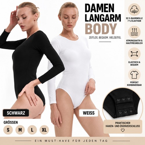 Damen langarm body baumwolle - body,